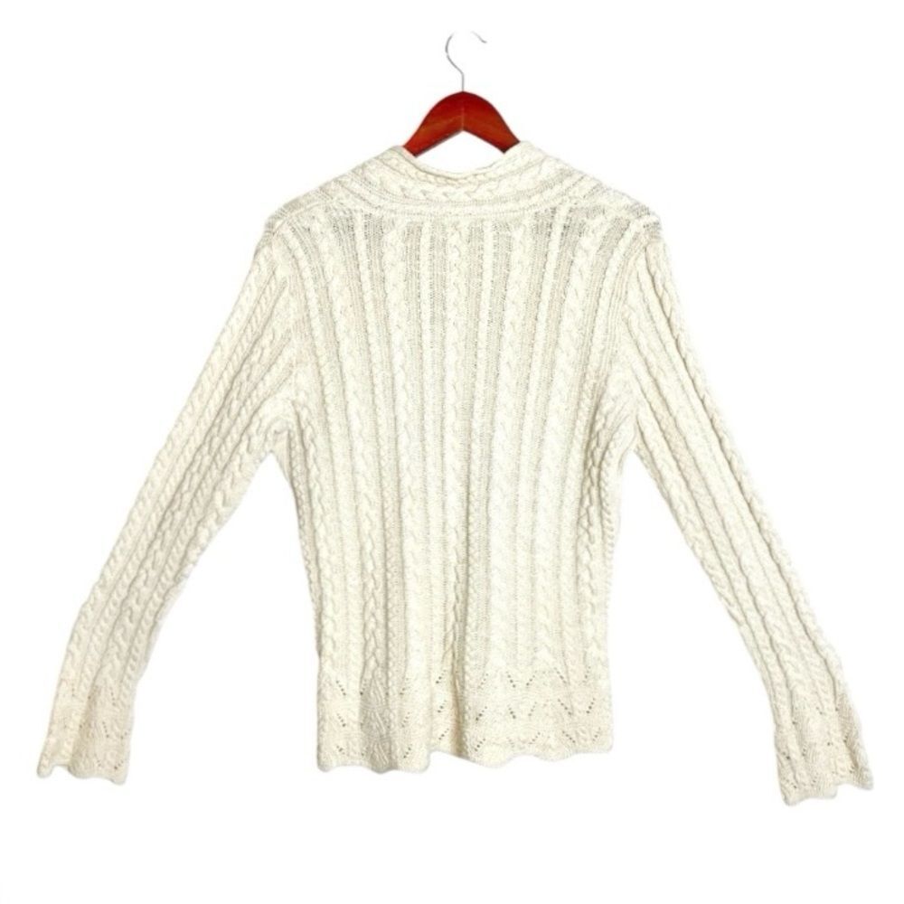 VTG LRL Surplice V-Neck Long Sleeve Ivory Scalloped Fisherman Cable Knit Sweater - Picture 3 of 6